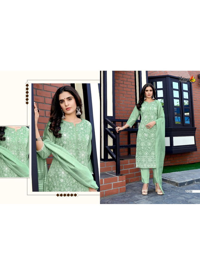 Volono Schiffli 2 Latest Fancy Lakhnavi Work ON 100% Viscose Chanderi With Enar Heavy Rayon With Weaving Sequence Designer Embroidery  Kurti With Bottom Collection